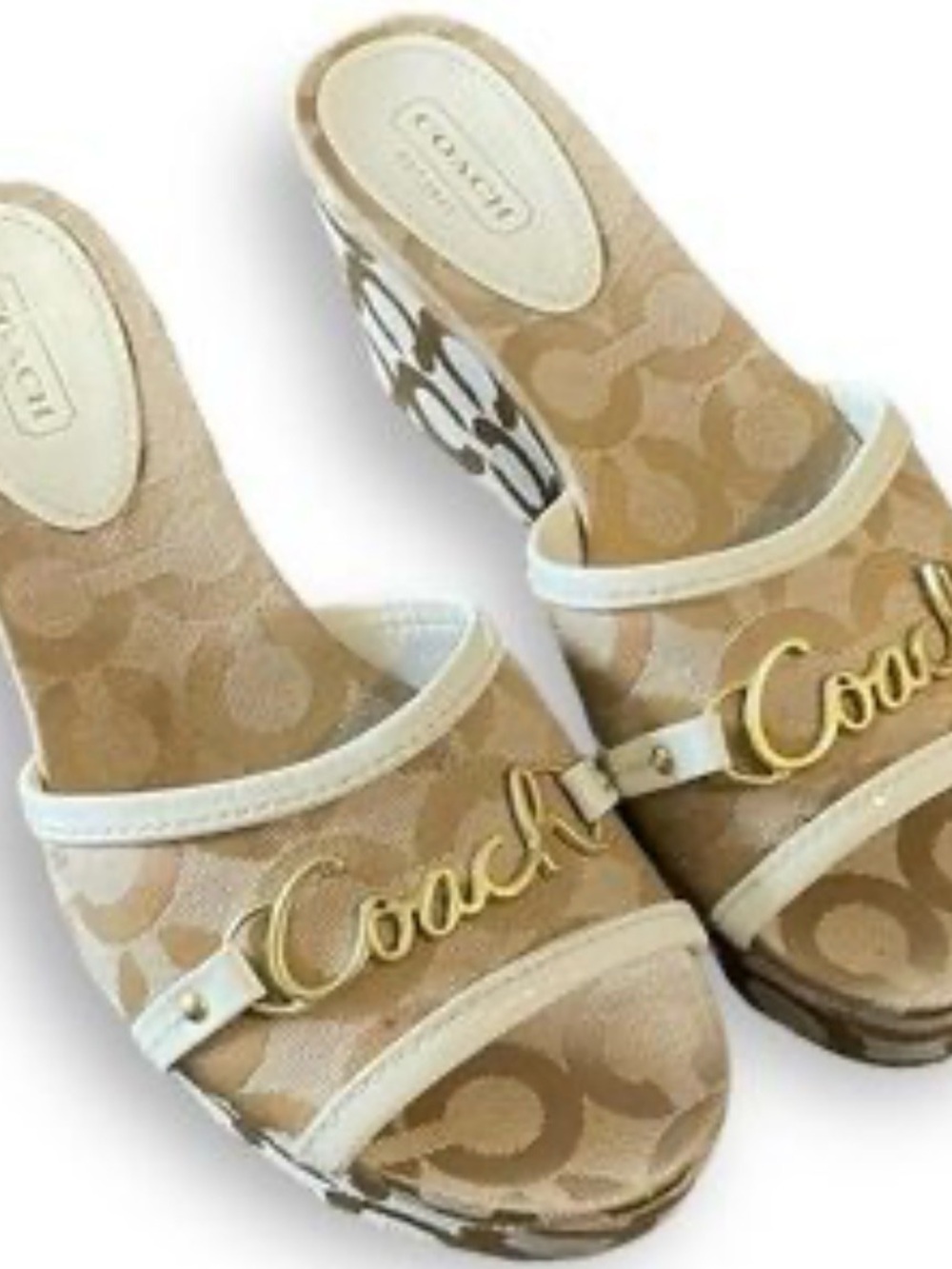 Coach Beige & Cream Signature Logo Wedge Slides